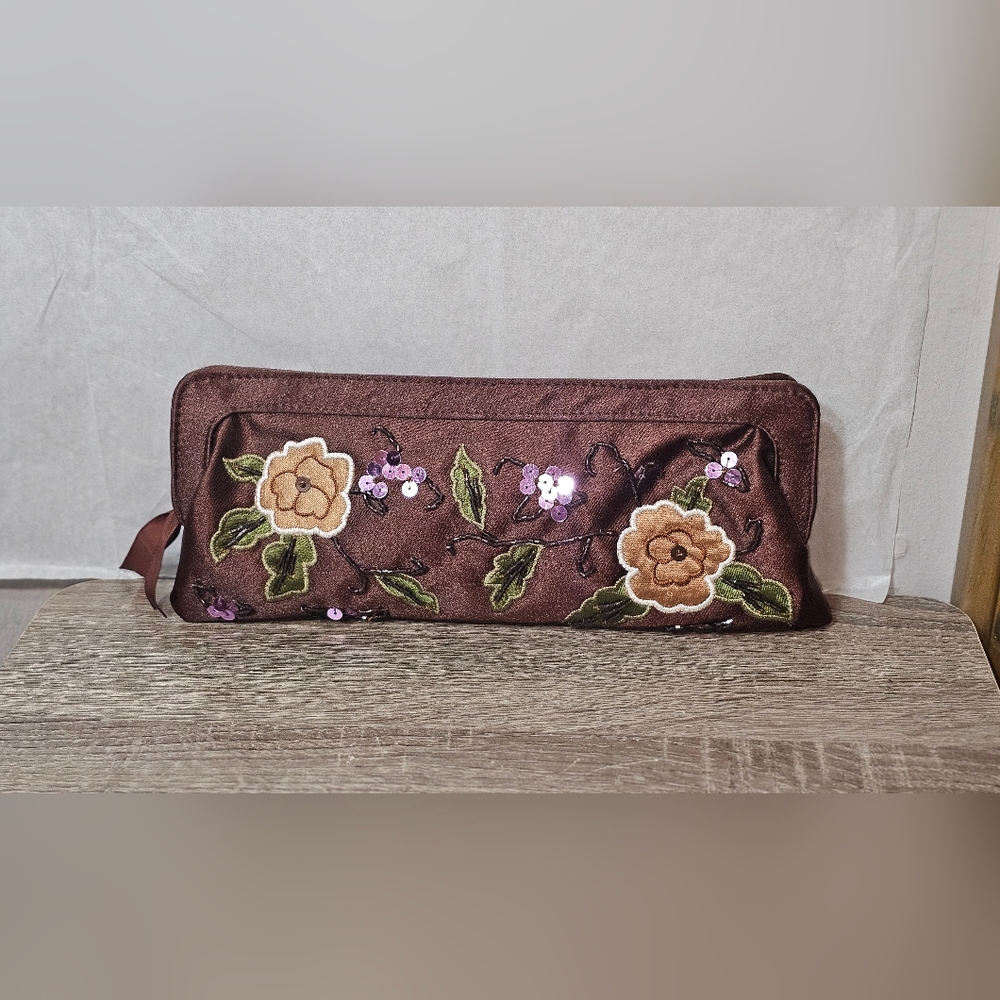 Rare Vintage Avon Brown Satin Beaded Clutch-  NWOT